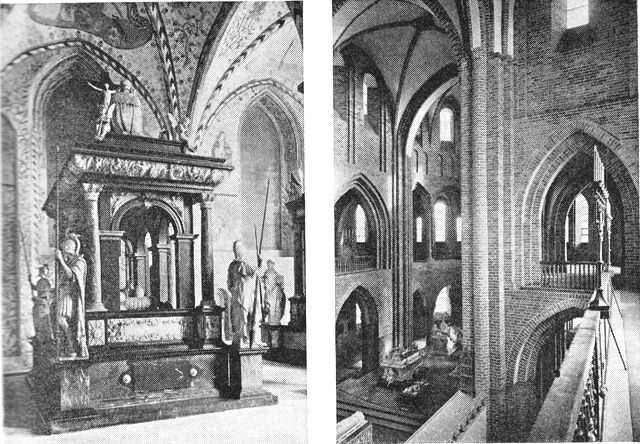(Foto). Til venstre Christian III.s gravmæle i Helligtrekongers kapel. Til højre domkirkens højkor med kongelige sarkofager set fra søndre sideskibs galleri.
