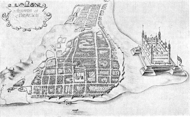 (tegning). Helsingør ved 1670. Efter Resen.