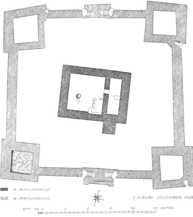(tegning). Gurre. Plan af borgbygningen med midttårnet fra 1100 tallet (mørkt skraveret) og ringmuren og dens hjørnetårne (lysere skraveret) fra 1300 tallet.