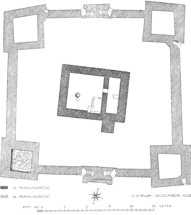 (tegning). Gurre. Plan af borgbygningen med midttårnet fra 1100 tallet (mørkt skraveret) og ringmuren og dens hjørnetårne (lysere skraveret) fra 1300 tallet.