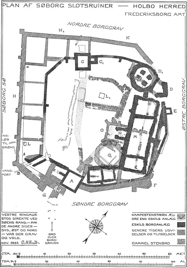 (tegning). Plan af Søborg slotsruiner. A porttårn. C tårn, måske Jens Grands fængsel. D1-D borgkapellet. G vindebroen. L-L1 brønde. M borgens hovedbygning. Q ældste tårn.