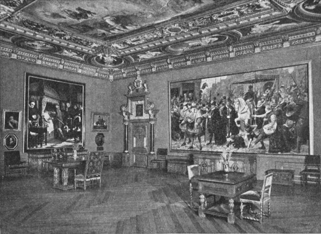 (Foto). Christian IV.s sal på Frederiksborg (stue 30), et af de ved restaureringen efter slotsbranden 1859 nyindrettede rum med Carl Blochs og Otto Baches malerier fra Chr. IV.s historie.