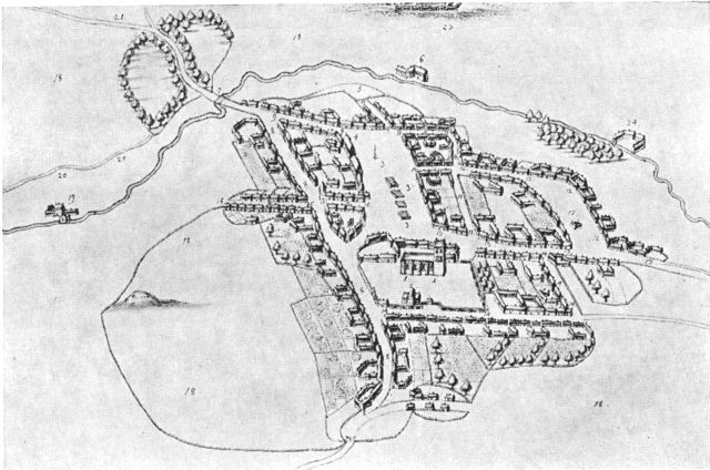 (tegning). Købstaden Slangerup o. 1660. Efter Resen.