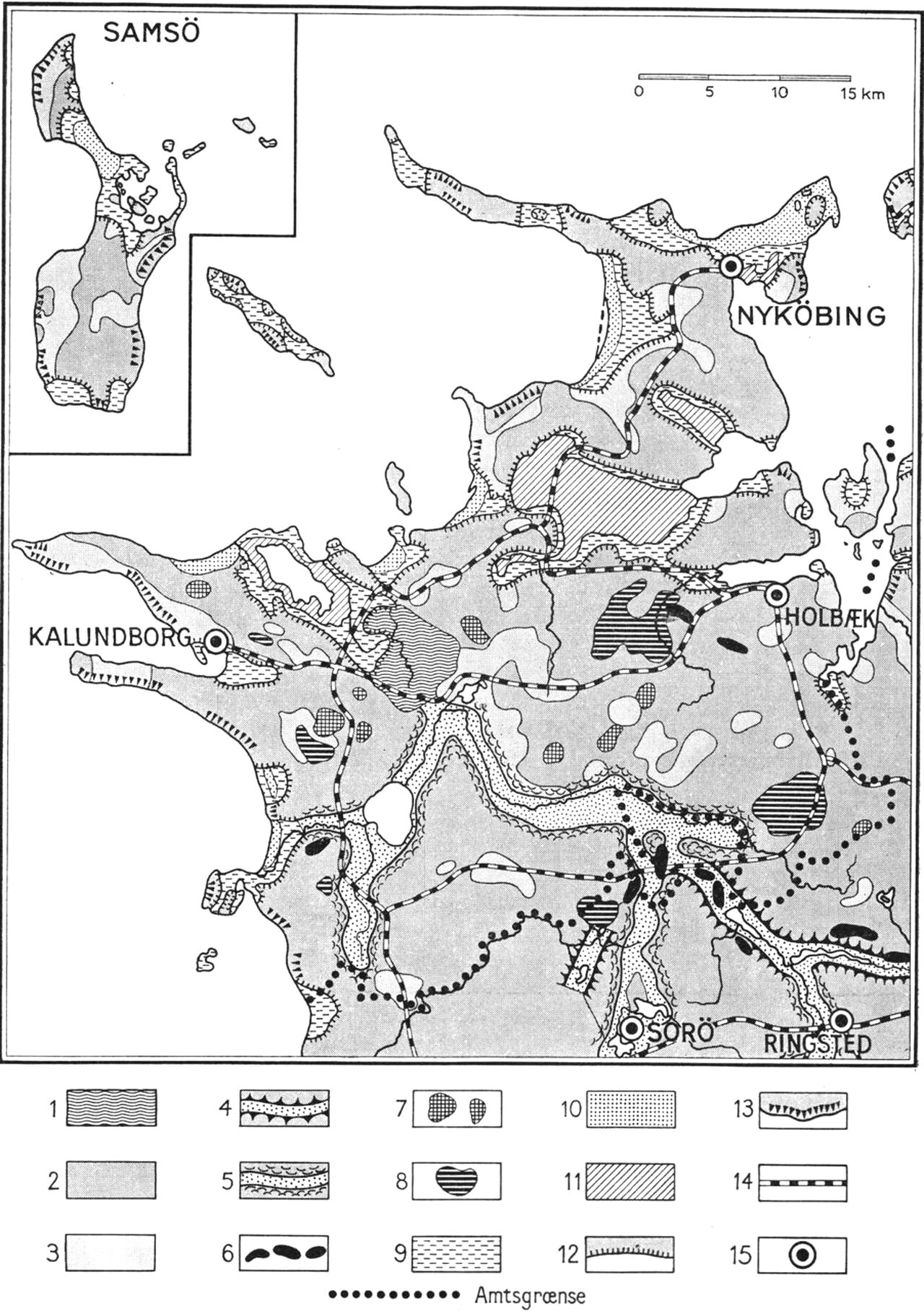 (Kort). 1. Hedeslette. 2. Ungt morænelandskab, overvejende lerbund. 3. Ungt morænelandskab, overvejende sandbund. 4. Tunneldal. 5. Smeltevandsdal. 6. Ås. 7. Issø-fladbakker. 8. Issø-bassinflade. 9. Marint forland. 10. Klitlandskab, flyvesandsterræn. 11. Inddæmmet areal. 12. Stenalderhavets højeste kystlinie. 13. Større kystklint. 14. Jernbanelinie. 15. Købstad.Efter Geodætisk Instituts skolevægkort 1:250.000 og Atlas over Danmark 1:750.000. Redaktion: Axel Schou.