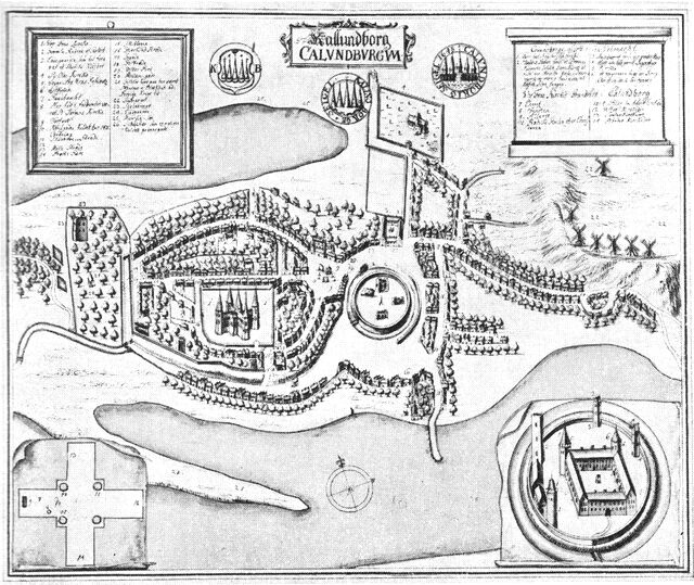 (tegning). Kalundborg ved 1670. Efter Resen.