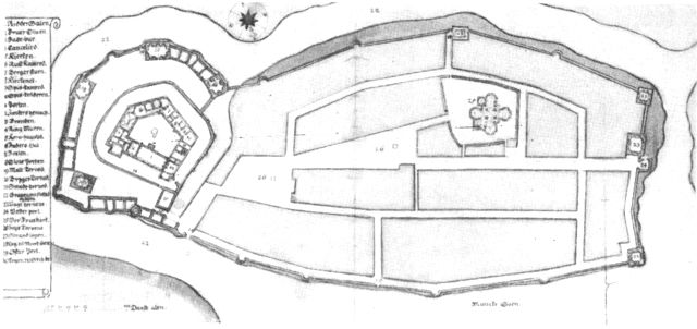 (tegning). Grundplan af byens gamle del. Syd opad. Yderst t.v. Kalundborg slot. Efter en tegning fra 1600t. i Nationalmuseet.