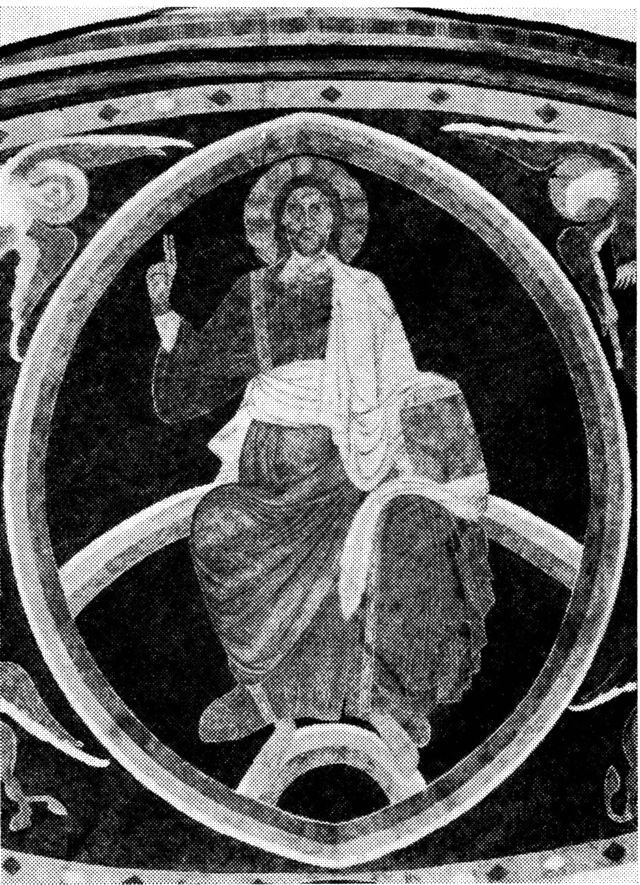 (Foto). Kristus i sin herlighed. Detalje af romansk kalkmaleri fra o. 1200 i Sæby kirkes apsis.