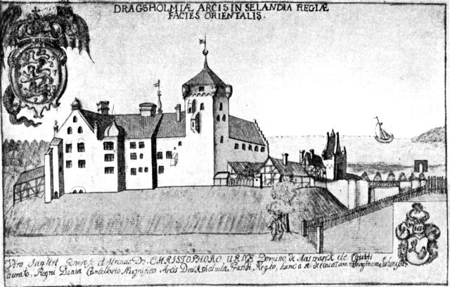 (Foto). Dragsholm ved 1670. Set fra nordøst. Efter Resen.