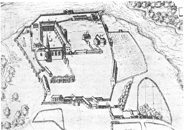 (tegning). Sorø kloster omkring 1660. Udsnit af Resen.1. Kirken. 2. Hofmesterens bolig. 4. Latin- og fægteskolen. 5. Klosteromgangen. 6. Fratergården med brønden. 7. Skolegården med elevernes logement. 8. Ridebanen. 19. Vejerhuset. 20. Konsistorium. 21. Klostermøllen.