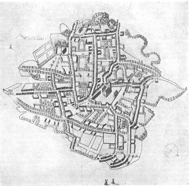 (tegning). Slagelse omkr. 1670. Efter Resen.