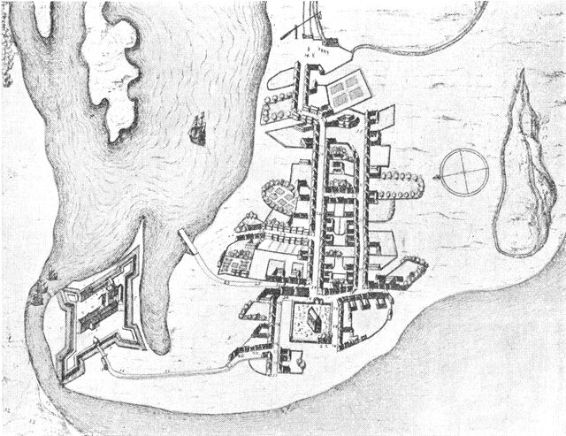 (tegning). Korsør omkr. 1670. Efter Resen.