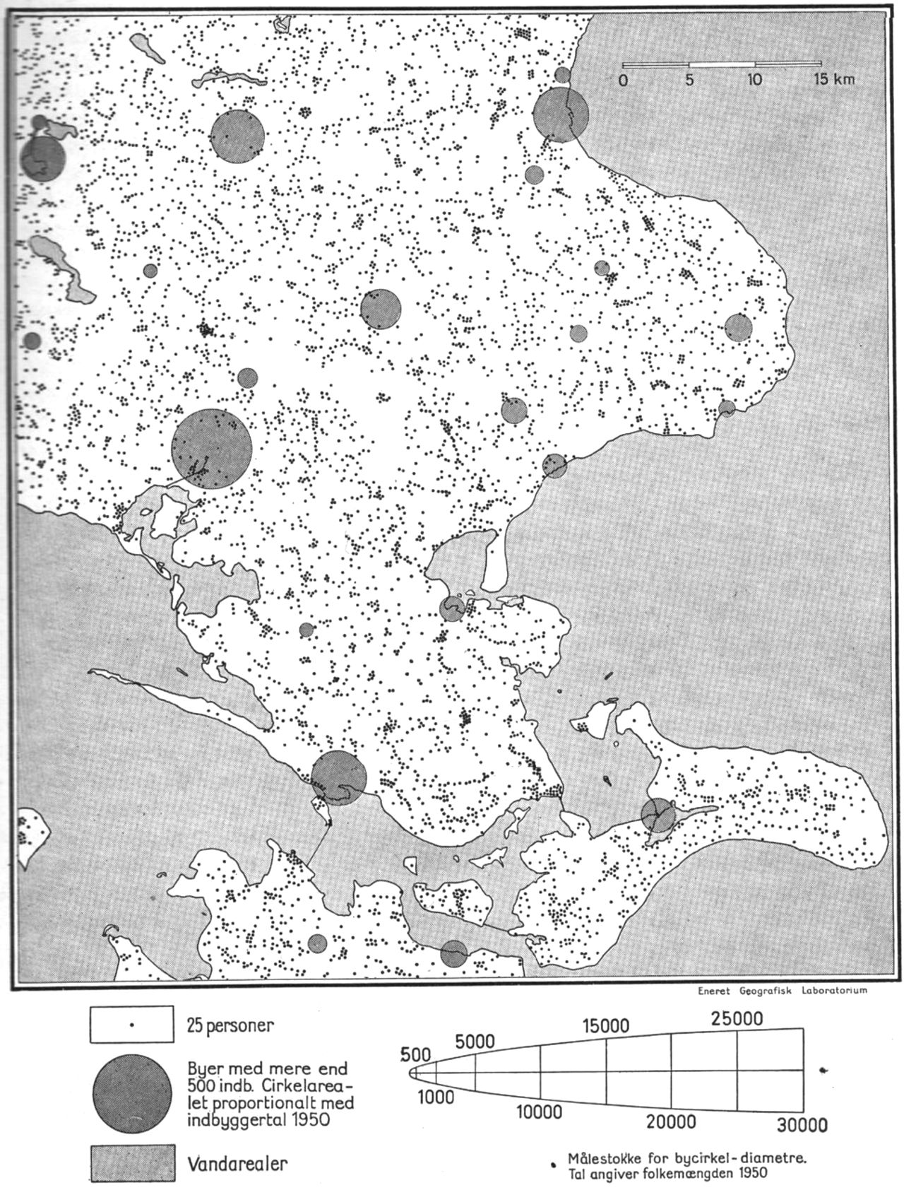 (Kort). Kortet viser befolkningens fordeling 7. nov. 1950.Efter Geografisk Laboratoriums befolkningsfordelingskort over Danmark 1:100.000.Redaktion: Aage Aagesen.