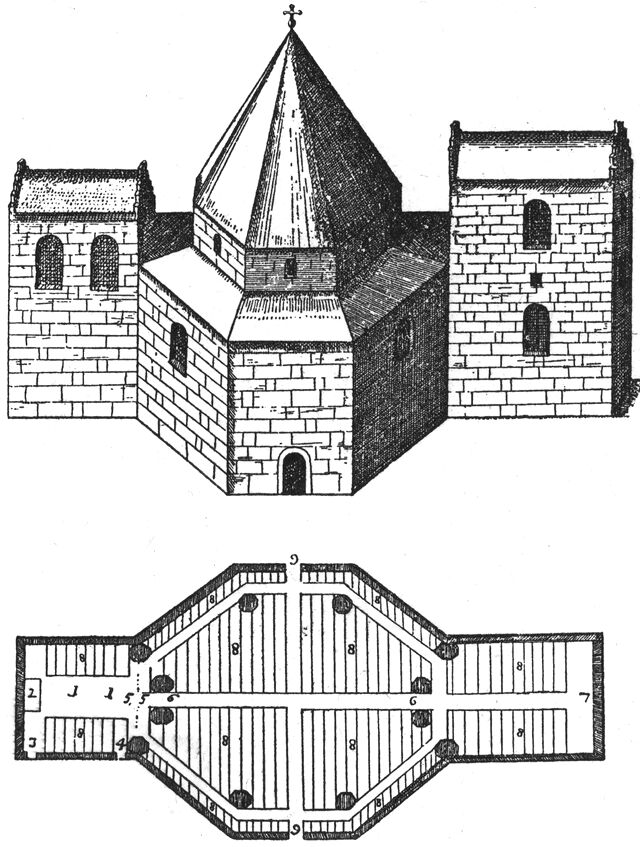 (tegning). Store Heddinge kirke.Efter Resens Atlas o. 1670:1. Choret. 2. Alteret. 3. Gang op til et lidet muret oc hvældt Kammer ofver Alteret. 4. Gang op til Hvelningen ofver Choret, hvor paa er et Firekantig Mørck Bygning med en smal muret gang omkring, som siunis at hafve været til at Fængsle Søerøffvere udi gamle Dage, hvilke ved Steffns Klindt kunde være opkomne eller der tagne; men berettis at Ele-Kongen nu der udi skulle være oc haffve sin Gang. 5. Prædickestolen ofver Chorts døren. 6. Otte Pillere som holder Hvelningen. 7. Fundten under Klocketaarnet. 8. Stolene. 9. Kirckedørene.