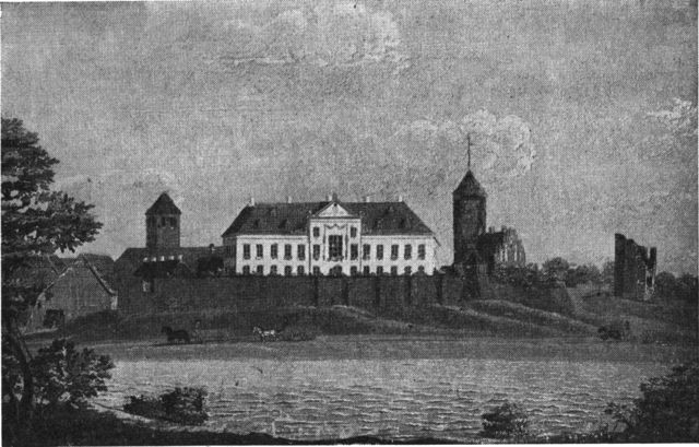 (Foto). Vordingborg slot set fra syd. Midt for prins Jørgens palæ, til højre Gåsetårnet. Vandfarvemaleri af J. J. Bruun fra 1744 på Rosenborg.