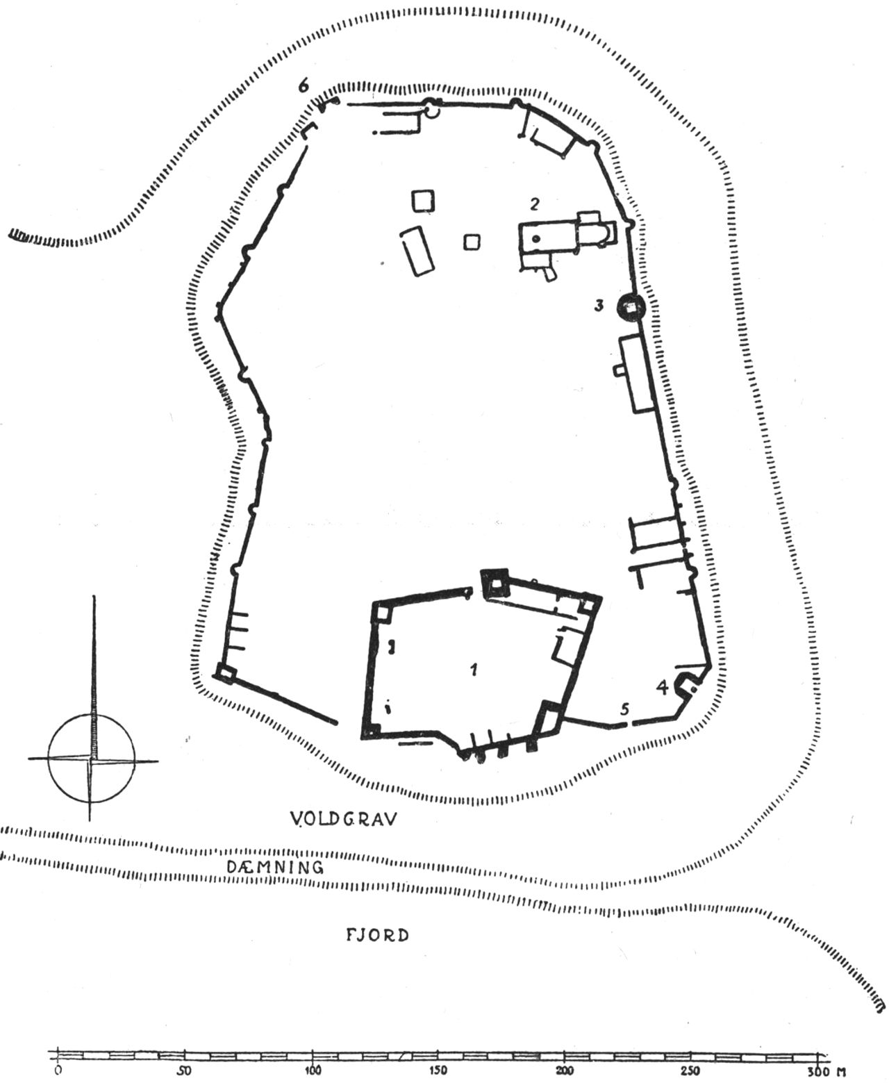 (Kort). Plan af Vordingborg slotsruin (efter tegning af Aage Roussell).1. Slot. 2. Kirke. 3. Gåsetårn. 4. Ormetårn. 5. Vandport. 6. Møllebæktårn med bro. Kun gravens nordre del fører nu vand.