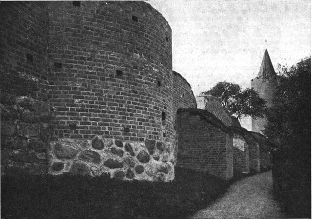 (Foto). Vordingborg slotsruins østlige ringmur set fra syd mod Gåsetårnet.