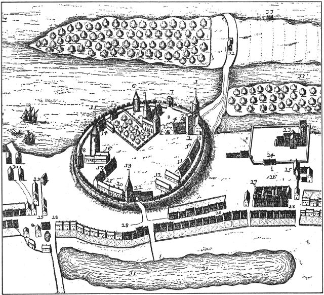 (tegning). Vordingborg o. 1670. Udsnit af plan i Resens atlas:1. Wand-taarnet. 2. Woldemors-taarn. 3. Kongens Köchen oc Brögers. 4. Wester-Sal. 5. Øster-Sal. 6. Ormetaarnit oc Ormehafven. 7. Jomfrue-taarnit. 8. Nye Slot. 9. Nye-Lade. 10. Gammel Lade. 11. Koe-Stalden. 12. Gammel Smidde. 13. Smiddien i hafven. 14. Fruerstuen, Borgerstuen oc Köckenit. 15. Gaasen. 16. Gammel Kircke. 17. Stalden. 18. Gammel Kloche-Taarn. 19. Möllebeck. 20. Skrifverstuen. 21. Printzens Stald. 22. Porten til Slottet. 23. Kircken. 24. Skolen. 25. Sognepræstens Residentz. 26. Torfvit. 27. Raadhuusit. 28. Algaden. 29. Ridderstredet. 30. Strandhuusene. 31. Tre Söer som nu ere Moser. 32. Orings-huus. 33. Fergehuusit.