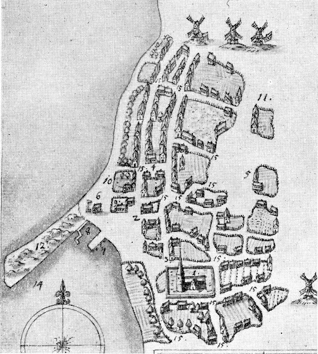 (tegning). Rønne omkring 1670.Efter Resen.1. Kirken2. Rådhuset3. Skolen4. Torvet5. Hospitalet6. Skyttevolde7. Skibsbroen8. Skudehavnen9. Rosengården10. Kornhuset el. Smørkælderen11. Grynkulle (-mølle)12. Nordre Rev14. Havnen15. Gader (uden navne)