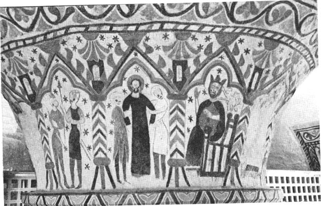 (Foto). Kalkmalerier på midtpillen i Nykirke.Fra venstre: to krigere i Gethsemane, Kristus føres for Pilatus og Pilatus.