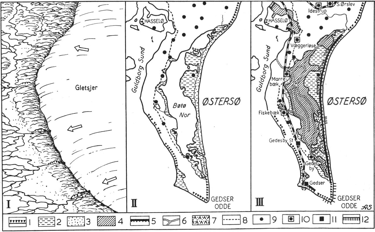 (Kort). Sydfalsters landskabsudvikling. I. Sidste istid. Morænebuen dannes som israndslandskab. II. o. 1750. Bugten ø.f. morænebuen er næsten afspærret fra Østersøen ved en sandtange. III. o. 1950. Bøtø nor er afvandet. Ø.kysten sikret ved dige mod stormflodsskader, og plantager værner mod sandflugt.1. Kystklinter. 2. Marint forland: tilgroningsforland dannet i læ af barreøer. 3. Klitter. 4. Inddæmmet areal. 5. Dige. 6. Afvandingskanal. 7. Sandflugtsplantage. 8. Amtsvej. 9. Gl. landsby. 10. Gl. landsby med stationsbybebyggelse. 11. Stationsbybebyggelse. 12. Kystsikring ved høfder. Universitetets Geografiske Laboratorium. Axel Schou del.