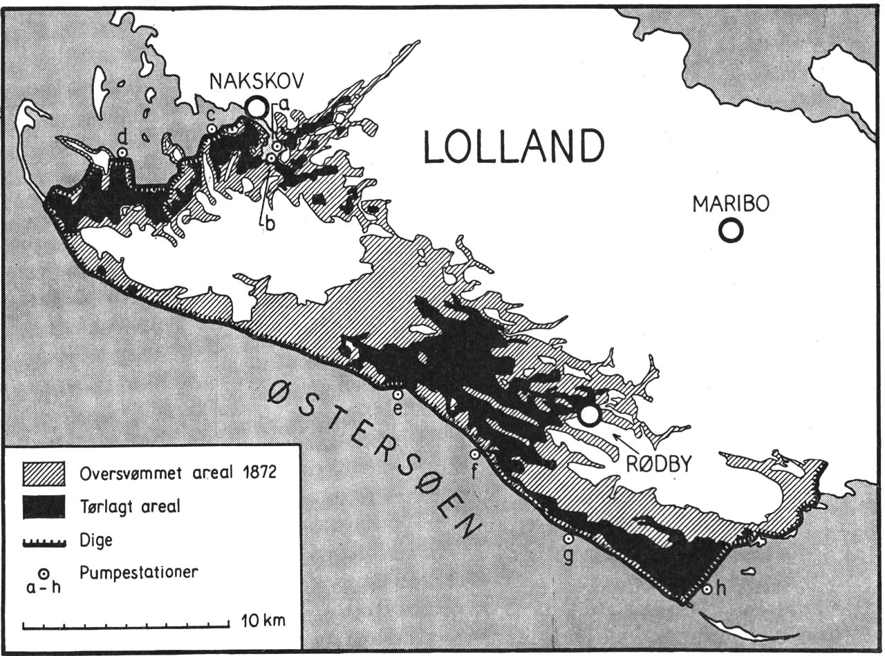 (Kort). Kort over det under stormfloden i nov. 1872 oversvømmede areal (skrav.) og det sen. inddæmmede areal (sort). (H. M. Markersen). Bogstaverne a–h refererer sig til tabellen s. 599.