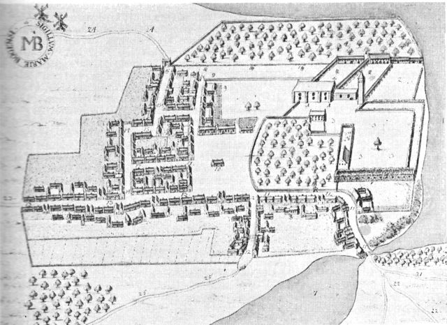 (tegning). Resens plan af Maribo o. 1670 med klosterkirken (1), brødreklosteret (2) og søsterklosteret (3); midt på torvet rådhuset (10). Syd opad.