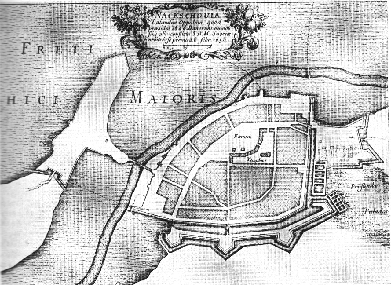 (Kort). Pufendorffs plan af Nakskov og dens fæstningsværker 1658. Syd opad.