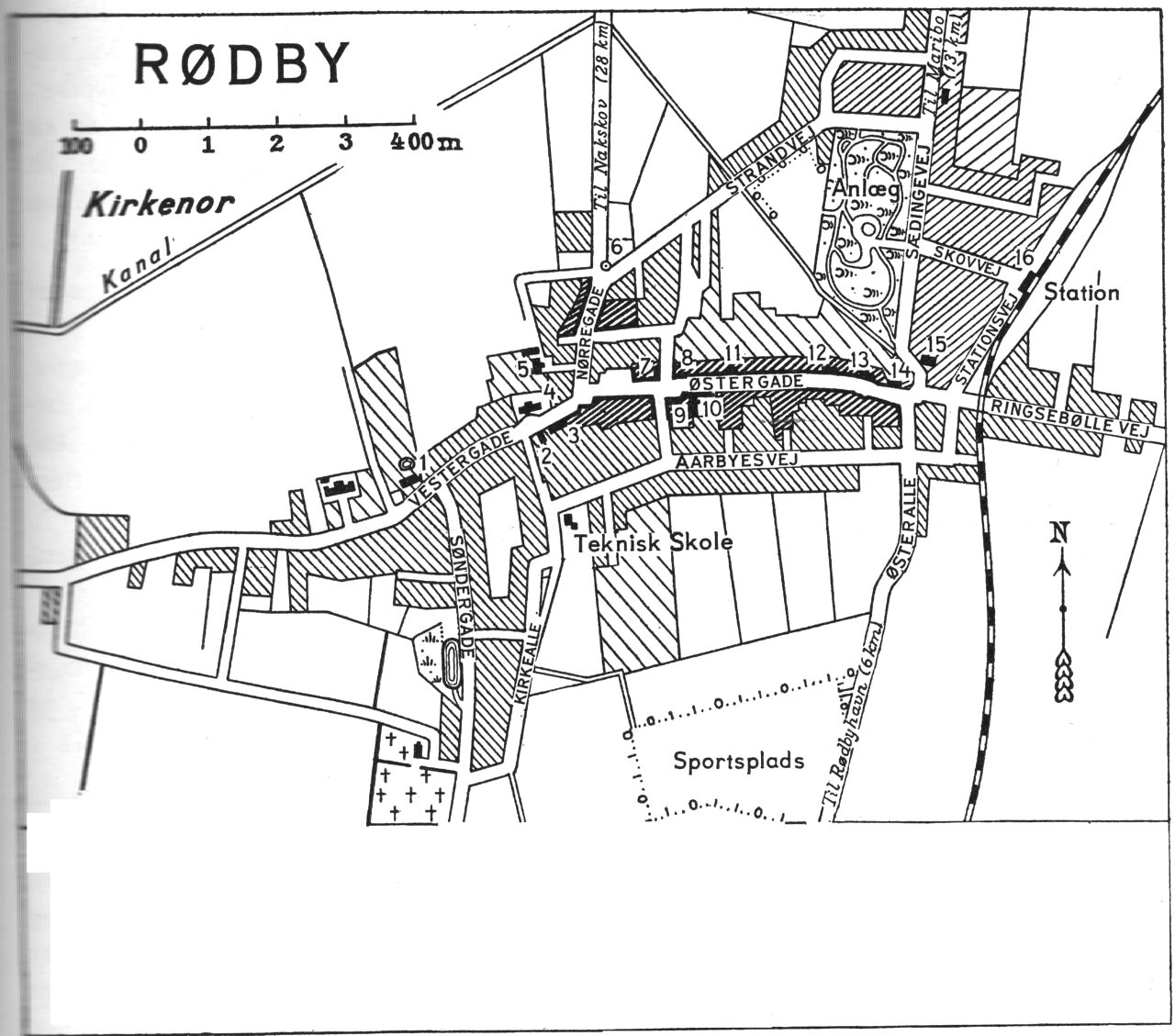 (Kort). 1. Præstegaard2. Borgmester-og kommunekontor3. Politikontor4. Kirke5. Byskolen6. Mindestøtte f. stormfloden 18727. Landmandsbanken8. Lollands Spare-og Laanekasse9. Raadhus, politistation og dommerkontor10. Hotel „Rødby” m. teatersal11. Bank f. Rødby og Omegn12. Haandv.- og Industrif. Stift.13. Løveapoteket14. Eggerts Hotel15. Missionshus16. Posthus og telegrafst.G.E.C. Gads ForlagRevideret 1952. Geodætisk Institut Eneret