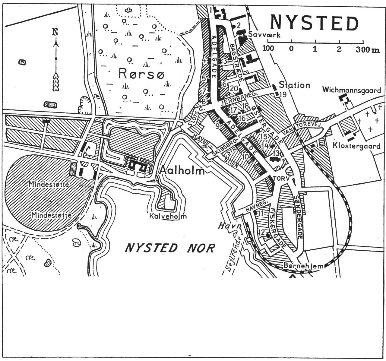 (Kort). 1. Dampmøllen (bageri)2. Vandtaarn3. Landmandshotellet4. Apotek og Andelsbanken5. Landbostandens Sparekasse6. Hotel „Nysted” m.teatersal7. Hotel „Stad Nysted”8. Loll.-Falst. Industri- og Landbrugsbank9. Landmandsbanken10. Borgm.-og kommunekontor11. Toldkammer12. Alderdomshjem13. Kirke14. Præstebolig15. Teknisk Skole16. Raadhus m.dommer- og politikontor17. Falcks Redningskorps18. Kommuneskole19. Posthus og telegrafstation20. MejeriG.E.C. Gads ForlagRevideret 1952. Geodætisk Institut Eneret