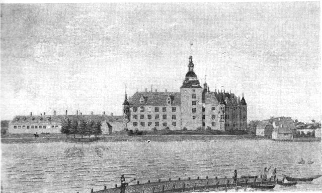 (Foto). Nykøbing slot set fra Lolland ca. 1740. Vandfarvemaleri af J. J. Bruun på Rosenborg.