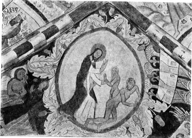 (Foto). Kalkmaleri (Evas skabelse) på korhvælvet i Østofte kirke.