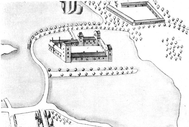(tegning). Ålholm o. 1670, set fra nordøst. Udsnit af tegning i Resens Atlas. Forneden et hjørne af Nysted by, foroven til højre ladegården.