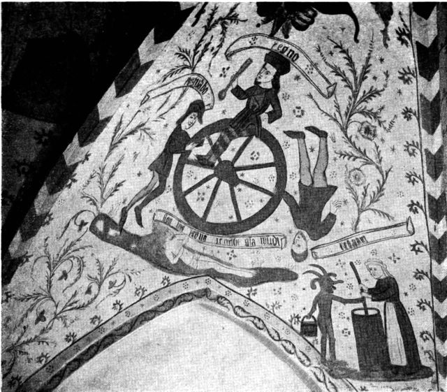 (Foto). Kalkmaleri i Tingsted kirke.(Lykkens hjul. – En djævel ødelægger smørkærningen).