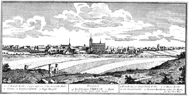 (tegning). Odense set fra syd 1762. Stik efter tegning af J. J. Bruun.