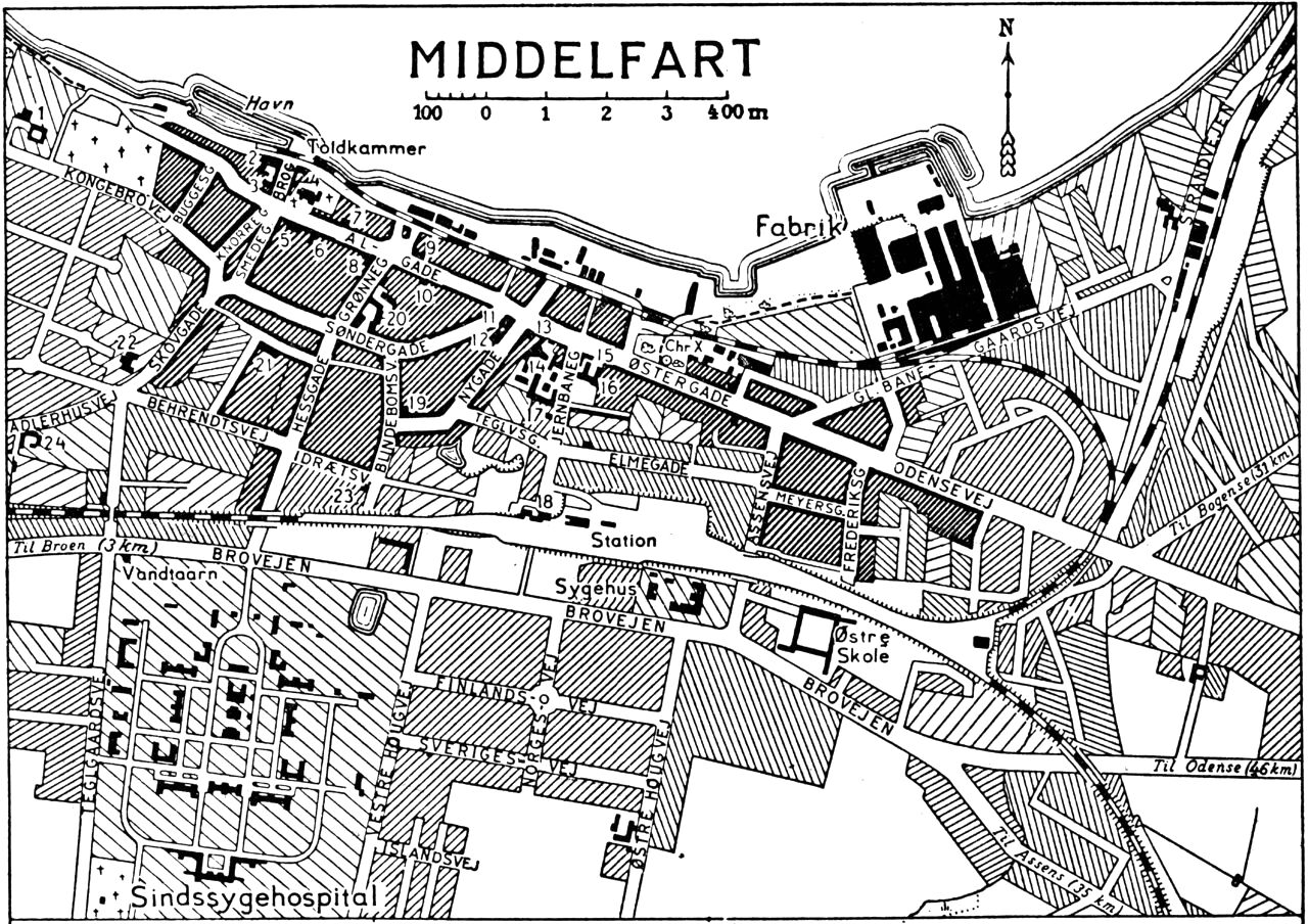 (Kort). 1. „Grimmerhus”2. Hotel „Melfar”3. „Henner Frisers Hus” Museum4. Kirke5. Raadhus og politistation6. Bibliotek7. Dommerkontor8. Vends m. fl. herreders Spare - og Laanekasse9. Middelfart Bank10. Apotek11. Højskolehotellet12. Vestfyns Forsamlingshus13. Spare - og Laanekasse f M. fart og Omegn14. A/S J.S. Hess og Søn15. Centralhotellet16. Bryggeri17. Brandstation18. Posthus og telegrafstation19. Teknisk Skole20. Vestre Skole21. Kommunekontor22. Alderdomshjem23. Vandrerhjem24. „Dronning Alexandrines Hjem”G.E.C. Gads ForlagRevideret 1953. Geodætisk Institut Eneret