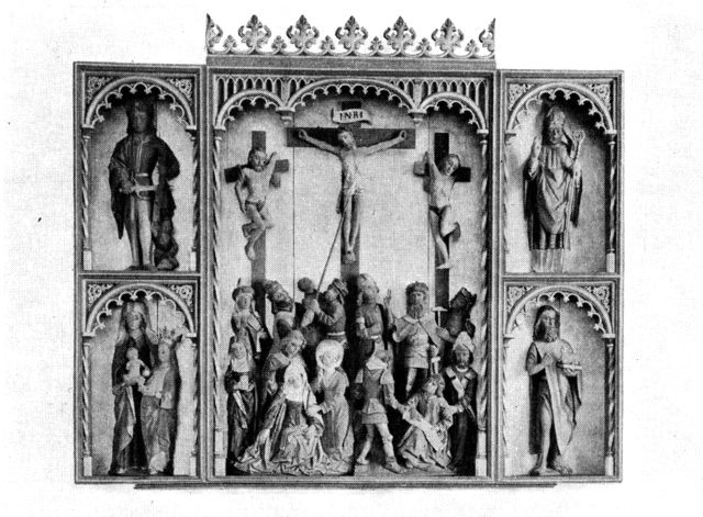 (Foto). Altertavle i Birkende kirke. Figurerne fra o. 1500, rammen ny.