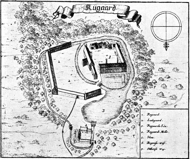 (tegning). Rugård ca. 1670. Efter Resen.