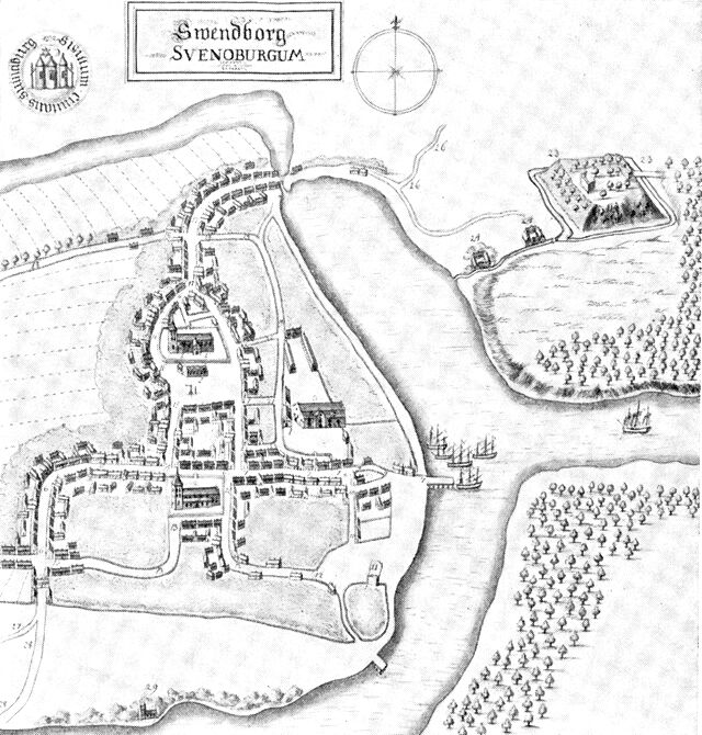 (tegning). Plan af Svendborg ca. 1670. Efter Resen.Midt i byens nordlige del ses Vor Frue kirke (1) ved torvet; på torvet rådhuset (5). Længere mod syd Skt. Nicolai kirke (2), mod øst nærmere havnen klosterkirken (3) med skolen (4). Længst mod syd ved sundet Skt. Jørgens kirke (29). Foroven t.h. på planen Ørkilds borgbanke (23) og de to Ørkilds vandmøller (24).