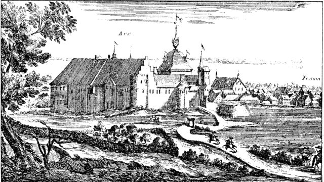 (tegning). Nyborg slot 1659 set fra sv. Over den inderste vig af fjorden den s. 624 nævnte Avernakkedam med »runddel« (bastion); bag denne rådhuset. Udsnit af stik hos Pufendorf.