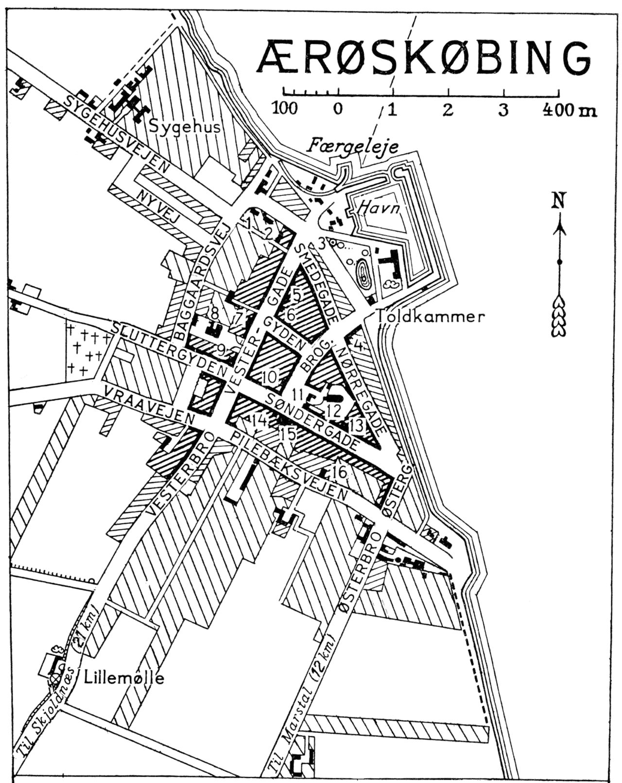 (Kort). 1. Teknisk Skole2. Alderdomshjem3. Hotel „Phønix”4. Hotel „Harmonien”5. Ærø Museum6. Posthus og telegrafstation7. Apotek8. Borger- og Realskolen9. Landmandsbanken10. Sydfyns Discontobank11. Ærøskøbing Spare - og Laanekasse12. Kirke13. Præstegaard14. Dommerbolig og - kontor15. Raad-, ting- og arresthus samt politistation16. AndelsmejeriG.E.C. Gads ForlagRevideret 1953 Geodætisk Institut Eneret