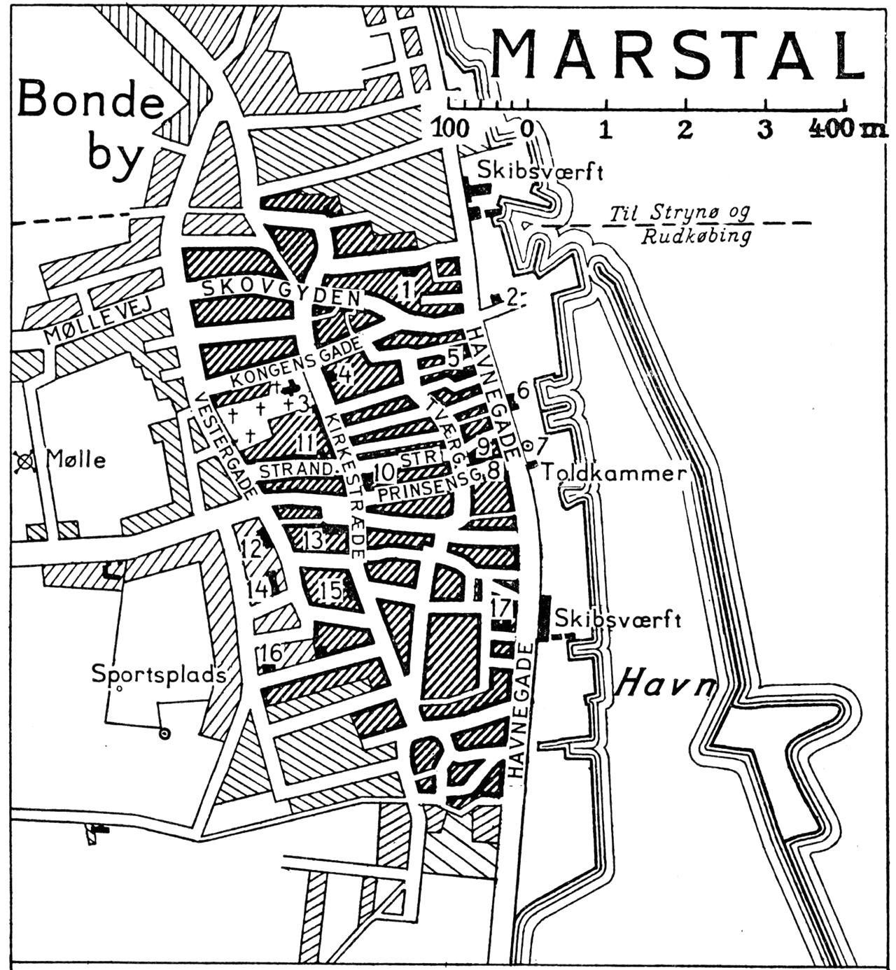 (Kort). 1. Maren Minors Minde2. Brand- og rutebilstation3. Kirke4. Spare- og Laanekassen i Marstal5. Turisthotellet6. Posthus og telegrafstation7. Mindestøtte for omkomne søfolk i 1914-188. Museum9. Landmandsbanken10. Apotek11. Præstegaard12. Andelsmejeri13. Hotel „Ærø”14. Kommuneskolen15. Hotel „Danmark” og Sydfyns Discontobank16. Marstal Navigationsskole17. KommunekontorG.E.C. Gads ForlagRevideret 1953. Geodætisk Institut Eneret