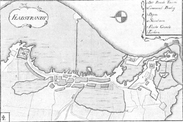 (tegning). Fladstrand ca. 1768. Efter Danske Atlas.