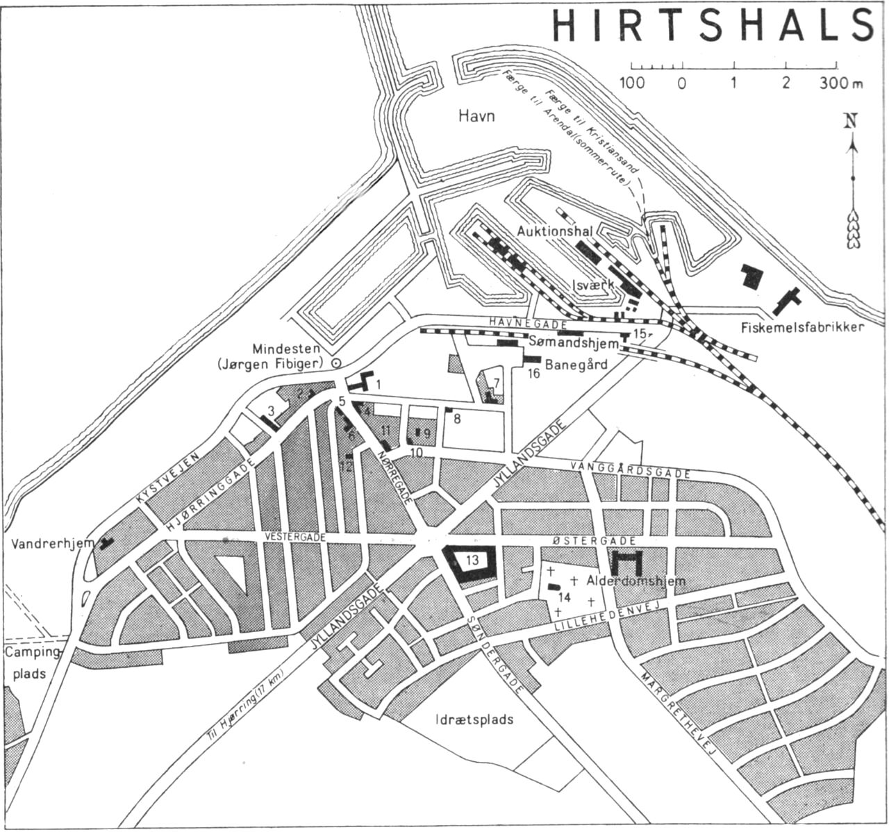 (Kort). 1 Hirtshals Kro2 Hirtshals Handelsbank3 Turisthotellet. Skipperkroen4 Hirtshals Sparekasse5 Turistbureau6 Hotel Skagerak7 Svenska Sjömandskyrkan8 Apotek9 Brandstation. Falcks Redningskorps10 Kommunekontor (Horne-Asdal)11 Hirtshals Bank12 Folkebibliotek13 Skole14 Filialkirke15 Toldsted16 PostkontorG.E.C. Gads ForlagRevideret 1960. Geodætisk Institut Eneret