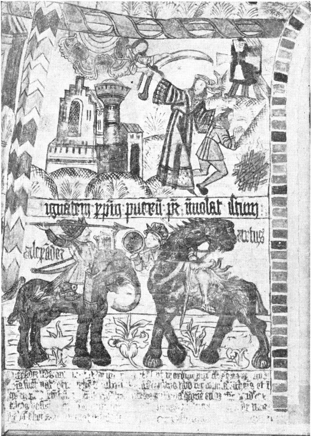(Foto). Kalkmalerier i Dronninglund kirke, søndre korsarms vestvæg. Foroven Isaks ofring; forneden Alexander og Artus.