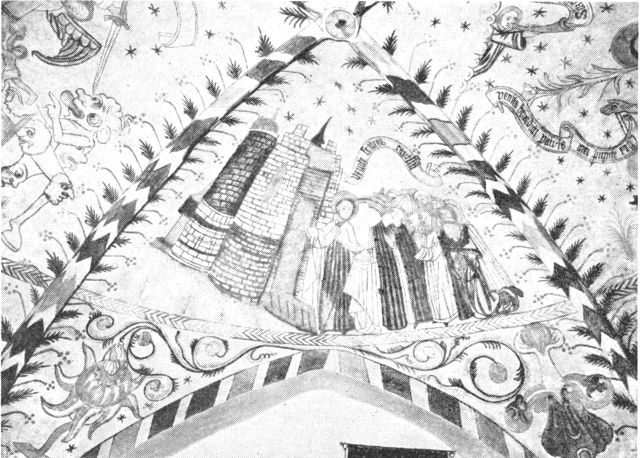 (Foto). Vrå kirke. Kalkmalerier i korets hvælving. Salige føres til himmerige.