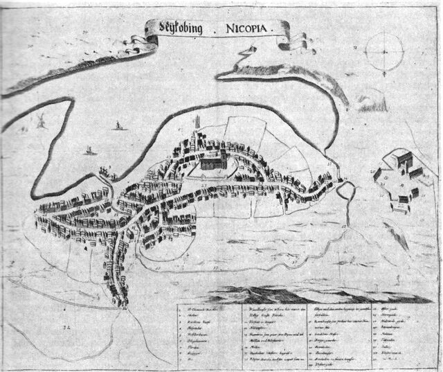 (tegning). Nykøbing ca. 1670. Efter Resen.