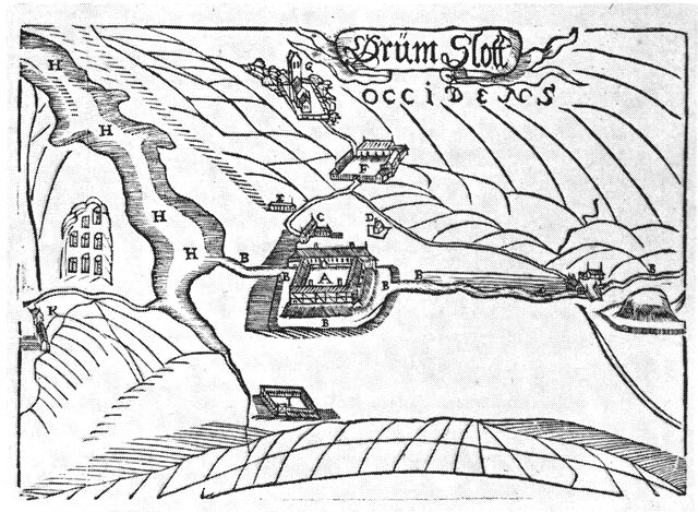 (tegning). Ørum slot ca. 1670. Efter Resen.