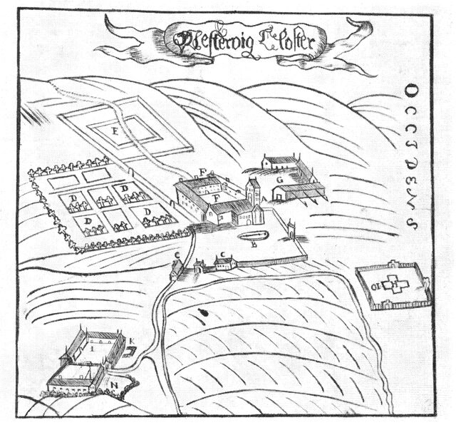 (tegning). Vestervig kloster ca. 1670. Efter Resen. A. Klosterkirke. B. Liden Kirstens gravsten. C. Degnens hus. D. Nye kloster have. E. Nye ladegårds grundvold. F. Nye klosterbygning. G. Gamle ladegård. H. Gamle sognekirke. I. Skt. Thøgers kilde. K. Tinget. L. Præstegård. N. Kålhaven.