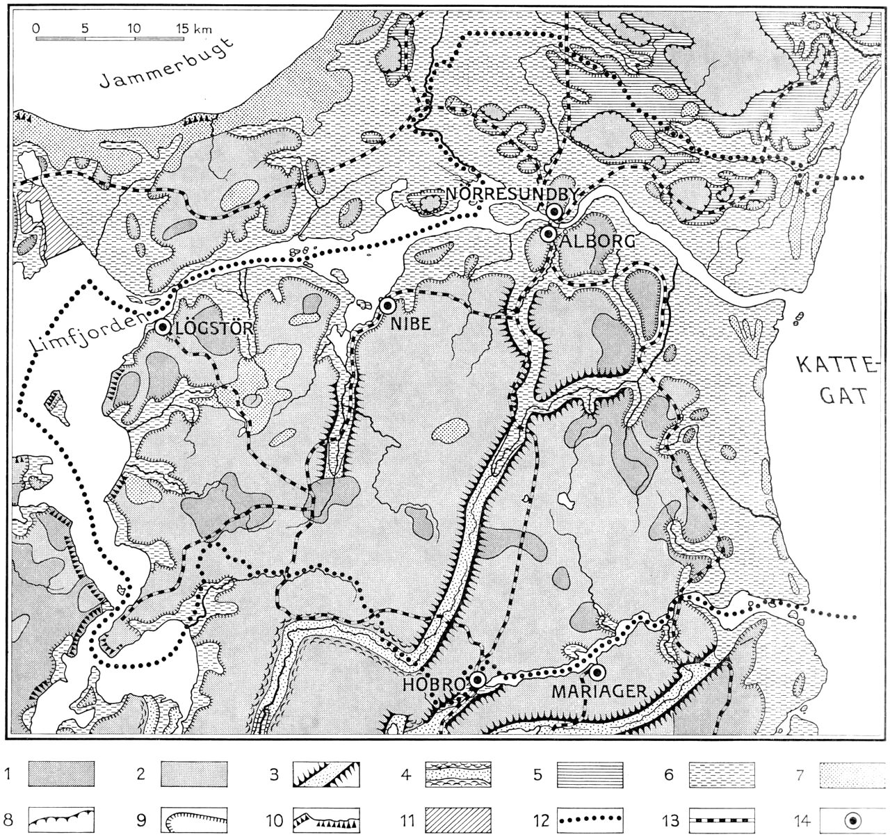 (Kort). 1. Ungt morænelandskab, overvejende lerbund. 2. Ungt morænelandskab, overvejende sandbund. 3. Tunneldal. 4. Smeltevandsdal. 5. Senglacialt plateau, hævet havbund fra ishavstiden. 6. Marint forland. Strandvoldssletter, afspærringsforland og egentlig hævet havbund fra stenalderen. 7. Klitlandskaber. 8. Ishavstidens hævede kystlinier. 9. Hævede kystlinier fra stenalderen. 10. Større kystklinter. 11. Inddæmmet areal. 12. Amtsgrænse. 13. Jernbanelinie. 14. Købstad.Efter Geodætisk Instituts skolevægkort 1:250.000 og Atlas over Danmark 1:750.000.Redaktion: Axel Schou.