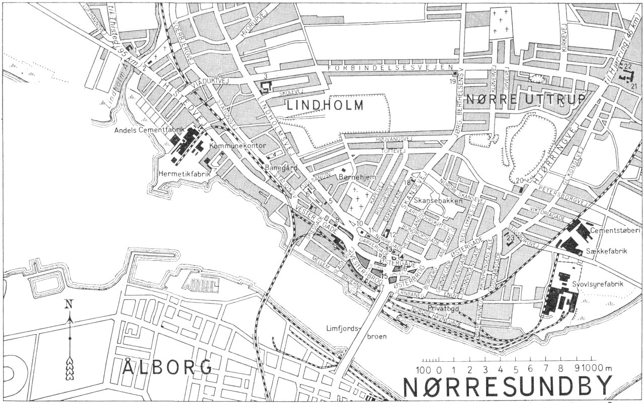 (Kort). 1 Thistedvejens Skole2 Lindholm Kirke3 Gl Lindholm Skole4 Lindholm privatskole5 Alderdomshjem6 Skovgården (stiftelse)7 Baptistkirke8 Landmandshotellet9 Ålborg amts andelssvineslagteri10 Nørresundby Kirke11 Privat realskole12 Skansevejens Skole13 Ting- og arresthus. Politikontor14 Rådhus. Apotek. Posthus og telegrafstation15 Banken for Nørresundby og omegn16 Hotel Nordjyden17 Missionshotel. Sømandshjem18 P. P. Hegaards stiftelse19 Falcks Redningskorps20 Uttrupgård (alderdomshjem)21 Nr Uttrup Skole22 Filialkirke23 Godthåbsgades SkoleG.E.C. Gads Forlag.Revideret 1960. Geodætisk Institut. Eneret.